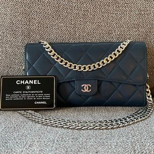 Authentic Chanel Lambskin Quilted Classic Flap Navy Bag with authenticity card